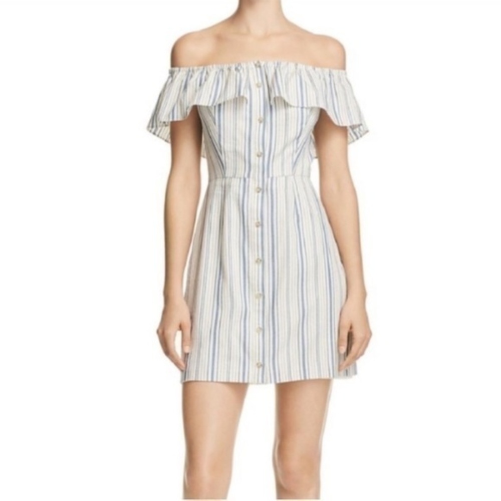 Wayf Off The Shoulder Striped Ruffle Button Up‎ Dress Blue Cream Size Medium